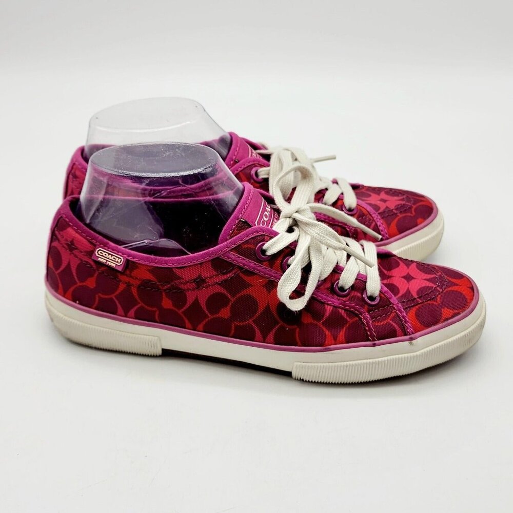 COACH Kalyn Womens Sneakers 7.5 B Pink Red Signature C Logo Lace Up Canvas 7-1/2 - Picture 3 of 11